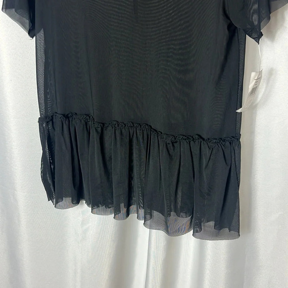 MM Sheer Size M Blouse Short Sleeve Key Hole Back Tie Black NWT - Picture 3 of 8